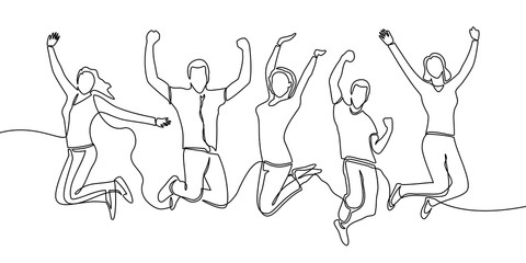 continuous line drawing of jumping happy team members. happiness, freedom, motion and people concept. smiling young friends. jumping in air. vector