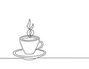 Continuous line drawing of a cup of coffee. Black and white vector illustration