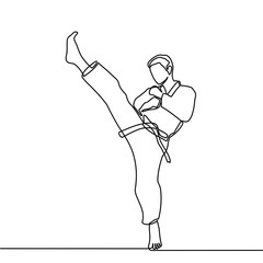 continuous line drawing of one male karate athlete - Vector