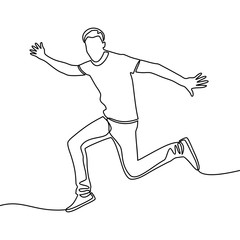 Continuous line drawing of man happy jumping in air. Vector