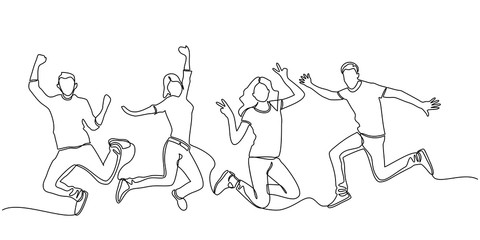 Fototapeta na wymiar continuous line drawing of jumping happy team members. happiness, freedom, motion and people concept. smiling young friends. jumping in air. vector