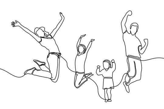 continuous line drawings of happy young families jumping for fun - Vector