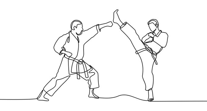 continuous line drawing of two male karate athlete - Vector