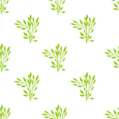 Floral seamless pattern with branches and leaves. Cartoon green flora. Digital print for card, website. Texture. Vector background. 
