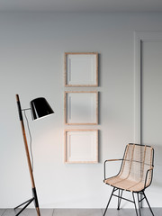 Three square posters mock up with wooden frames in home interior white background, minimal style living room, 3D photorealistic render