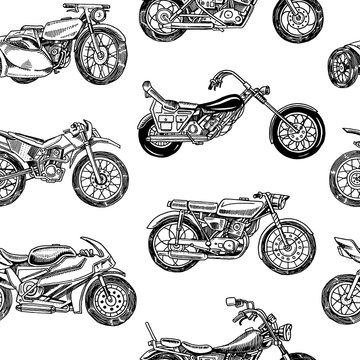 Vintage motorcycles Seamless Pattern. Bicycle Background. Extreme Biker Transport. Retro Old Style. Hand drawn Engraved Monochrome Sketch.