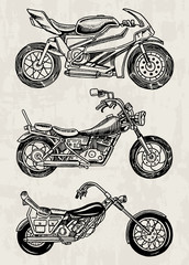 Set of Vintage motorcycles. Collection of bicycles. Extreme Biker Transport. Retro Old Style. Hand drawn Engraved Monochrome Sketch.