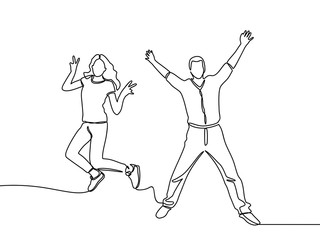 Continuous line drawing business concept sketch of happy jumping couple. Vector