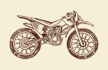Fototapeta premium Vintage motorcycle, retro bicycle. Extreme Biker Transport in Old Style. Hand drawn Engraved Monochrome Sketch for poster and banner.