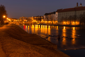 Night winter royal medieval Town Pisek above the river Otava, Czech Republic 