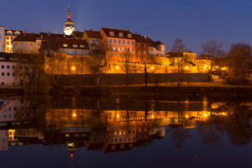 Night winter royal medieval Town Pisek with the Castle above the river Otava, Czech Republic 