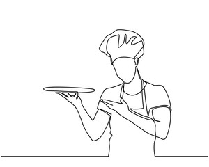 continuous line drawing of chef cooks or makes bread, toque chef hats isolated from white backgrounds. chef holds an empty empty round plate with a place for food. one line chef vector - Vector