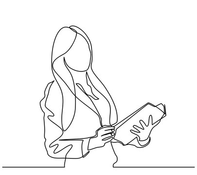 continuous line drawing of a businesswomen is opening a book. one vector line - Vector