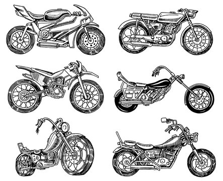 Vintage motorcycle, retro bicycle. Extreme Biker Transport in Old Style. Hand drawn Engraved Monochrome Sketch for poster and banner.