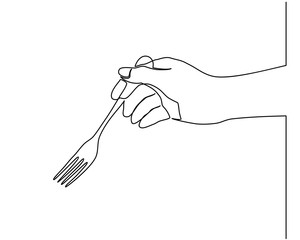 Continuous line drawing of hands holding a fork, spoon. Vector