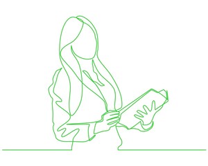 continuous line drawing of a businesswomen is opening a book. one vector line - Vector