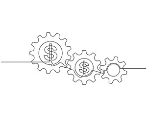Continuous line drawing of dollar and gears wheel. Dollar and gears are drawn by a single line on a white background. Vector