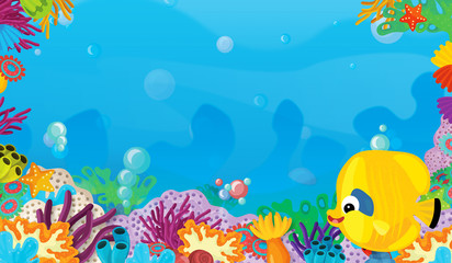 Plakat cartoon scene with coral reef with happy and cute fish swimming with frame space text - illustration for children