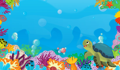 Obraz na płótnie Canvas cartoon scene with coral reef with happy and cute fish swimming with frame space text turtle - illustration for children