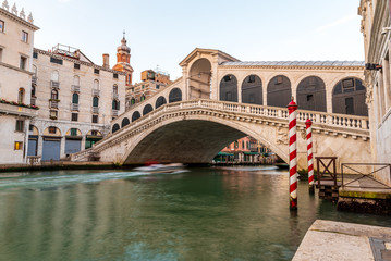 Grand Canal and Rialto bridge in Venice, Italy. View of Venice Rialto bridge. Architecture and...
