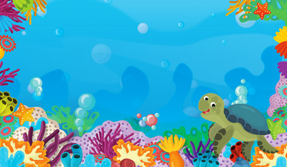 Obraz premium cartoon scene with coral reef with happy and cute fish swimming with frame space text turtle - illustration for children