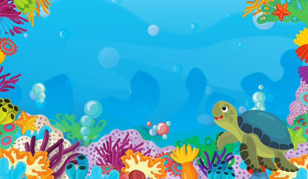 cartoon scene with coral reef with happy and cute fish swimming with frame space text turtle - illustration for children