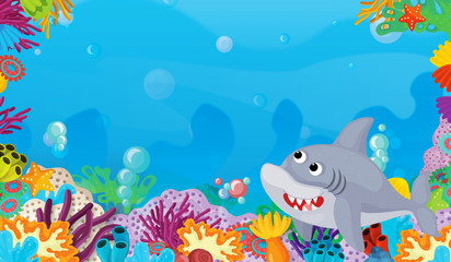 Fototapeta na wymiar cartoon scene with coral reef with happy and cute fish swimming with frame space text shark - illustration for children