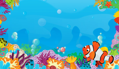 Fototapeta na wymiar cartoon scene with coral reef with happy and cute fish swimming with frame space text - illustration for children