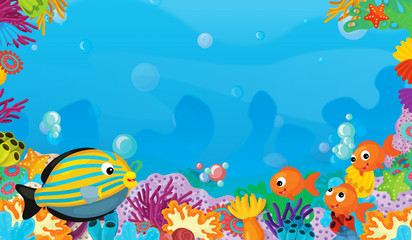 Plakat cartoon scene with coral reef with happy and cute fish swimming with frame space text - illustration for children