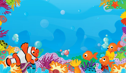 Naklejka na ściany i meble cartoon scene with coral reef with happy and cute fish swimming with frame space text - illustration for children