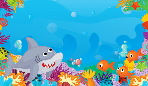 cartoon scene with coral reef with happy and cute fish swimming with frame space text shark - illustration for children