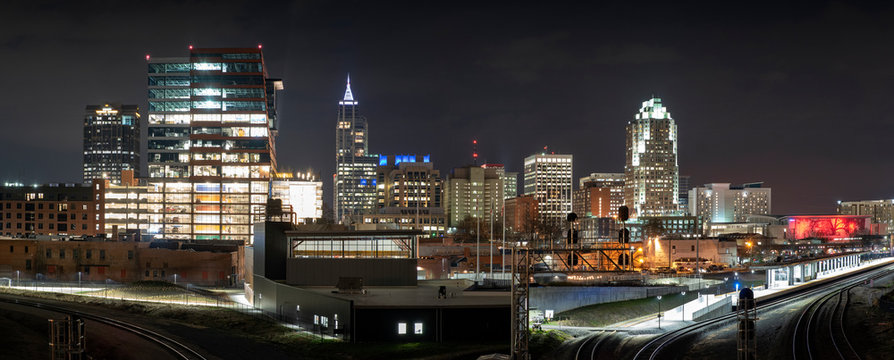 Panorama of Raleigh skyline at night