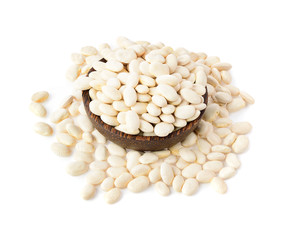 white beans in wooden bowl isolated on white  blackground