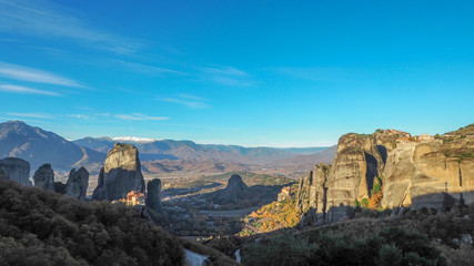 Meteora mountains in autumn with monastries