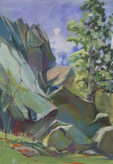 Granite-steppe lands of Buh is a regional landscape park in the north-west of Mykolaiv Oblast in Ukraine. Landscape made in gouache. Etude (sketch) performed in the open air.