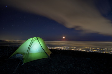 Illuminated Tent View Coast With Night Moon