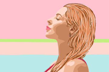 Line art portrait illustration of a young beautiful woman in dreaming romantic mood, female profile with eyes closed enjoying vacation rest, long blond hair, pink lips. Fashion beauty stylish image