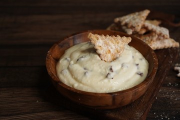 Homemade Cannoli dip with chips, selective focus