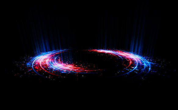 Abstract background. Motion swirl. Glowing circle. Bright spiral. Glow podium. Empty Scene. Space tunnel. Light ellipse. Glint galaxy. Oval stage. Led studio. Lens flare. Glare ring. Show disc.