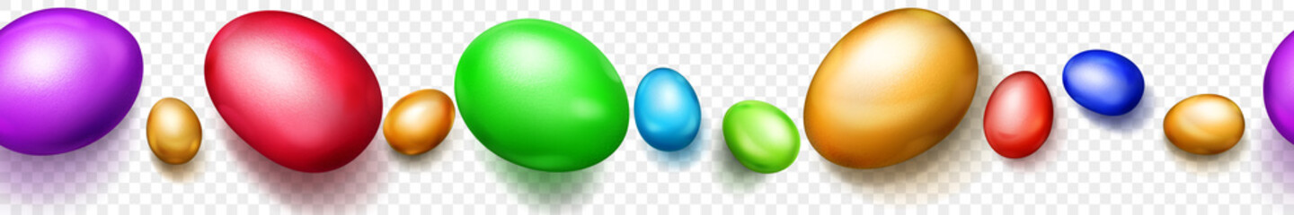 Horizontal seamless banner with horizontally repeated realistic colored Easter eggs with soft shadows on transparent background