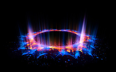 Abstract background. Motion swirl. Glowing circle. Bright spiral. Glow podium. Empty Scene. Space tunnel. Light ellipse. Glint galaxy. Oval stage. Led studio. Lens flare. Glare ring. Show disc.