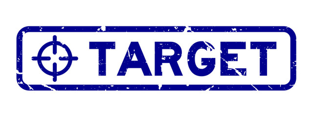 Grunge blue target word with scope icon square rubber seal stamp on white background