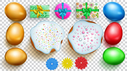 Set of realistic golden Easter eggs, cakes, flowers and gift boxes with soft shadows on transparent background