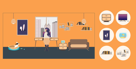 Modern interior design of Freelance WorkRoom with furniture, different constructor elements, desk, chair, couch, chair, lamp, painting, window, dasktop, dog, woman at work. Vector illustration. 