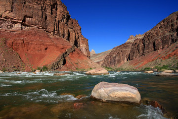 Fototapeta na wymiar Hance Rapids with its colorful rocks and boulders in Grand Canyon National Park, Arizona.