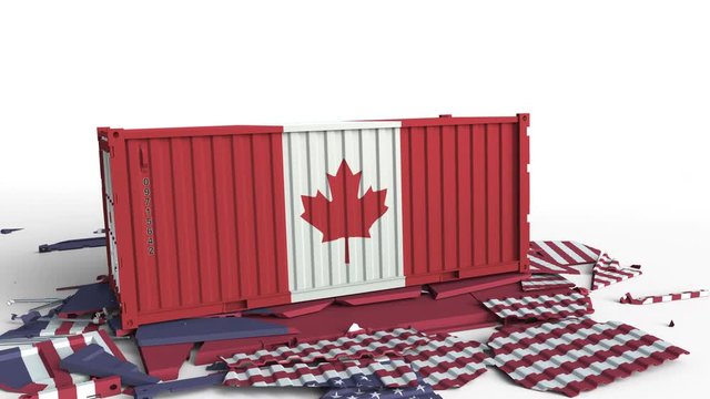 Container with flag of Canada breaks cargo container with flag of the United States. Trade war or economic conflict related conceptual animation