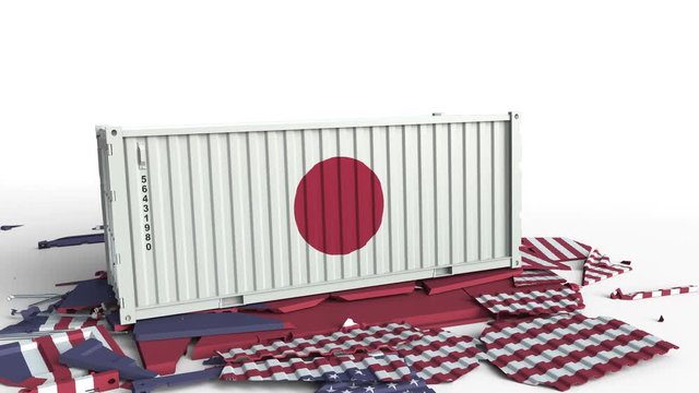Container with flag of Japan breaks cargo container with flag of the United States. Trade war or economic conflict related conceptual animation
