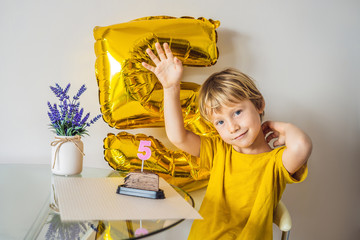 Happy little kid boy celebrating his birthday and blowing candles on homemade baked cake, indoor....