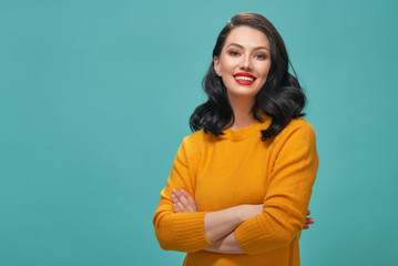 woman on teal background