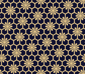 Flower geometric pattern. Seamless vector background. Gold and dark blue ornament. Ornament for fabric, wallpaper, packaging, Decorative print